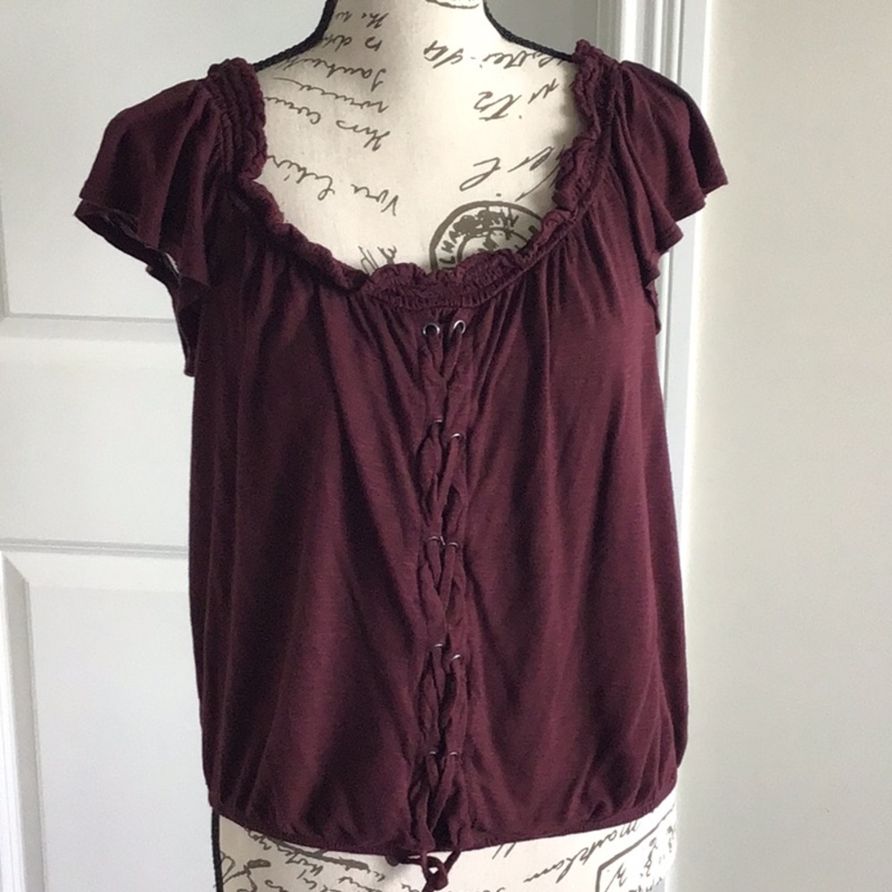 Aero seriously soft burgundy maroon blouse top with ruffled sleeves
